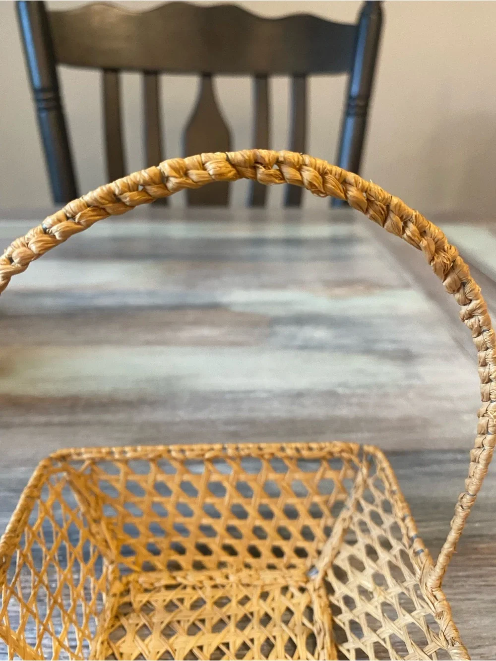 Handcrafted Square Basket Open Hexagonal Weave Handle Vintage Folk Art Primitive
